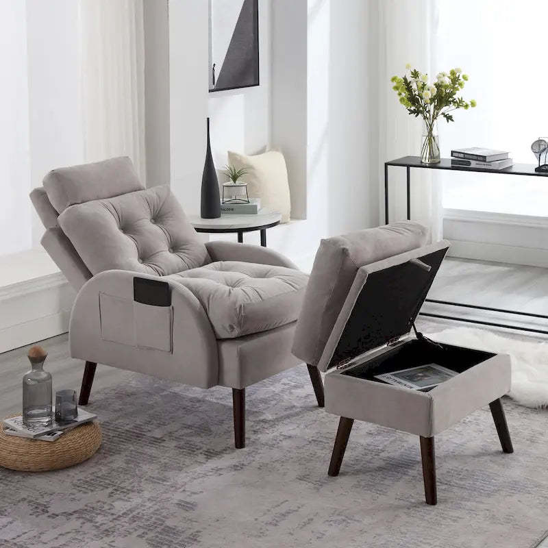 HOMYKA Upholstered Chaise Lounge Chair with Adjustable Backrest Storage Ottoman