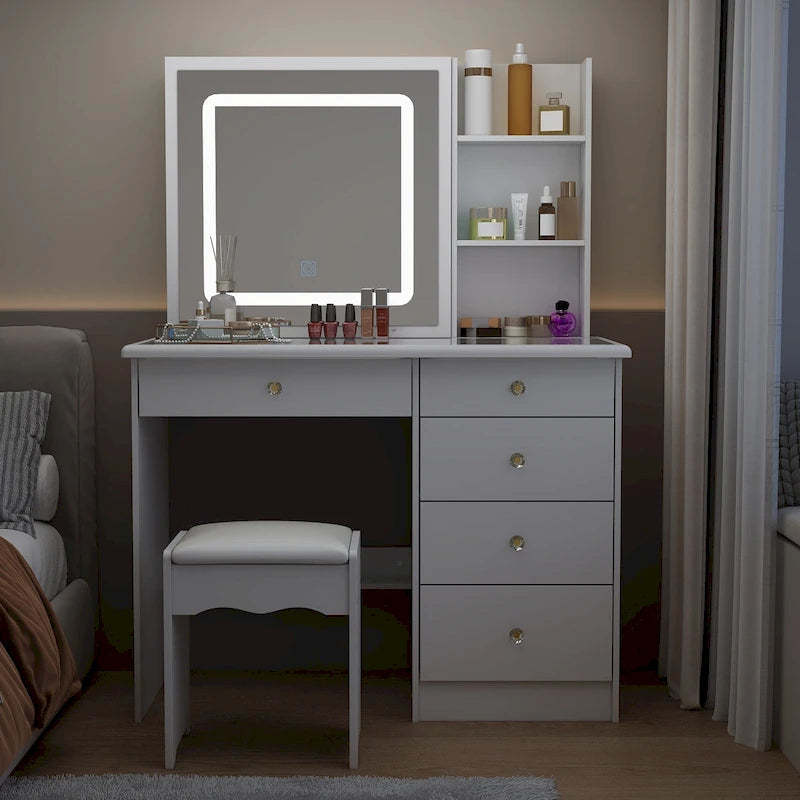 Elegant Makeup Vanity Crystal Accent Lighting Mirror Glass Top Dresser