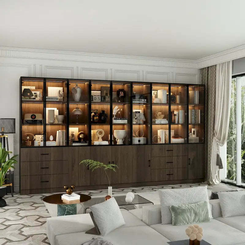 Aluminum and Glass Lighted Cabinet Customizable for Buffet/Bookshelf