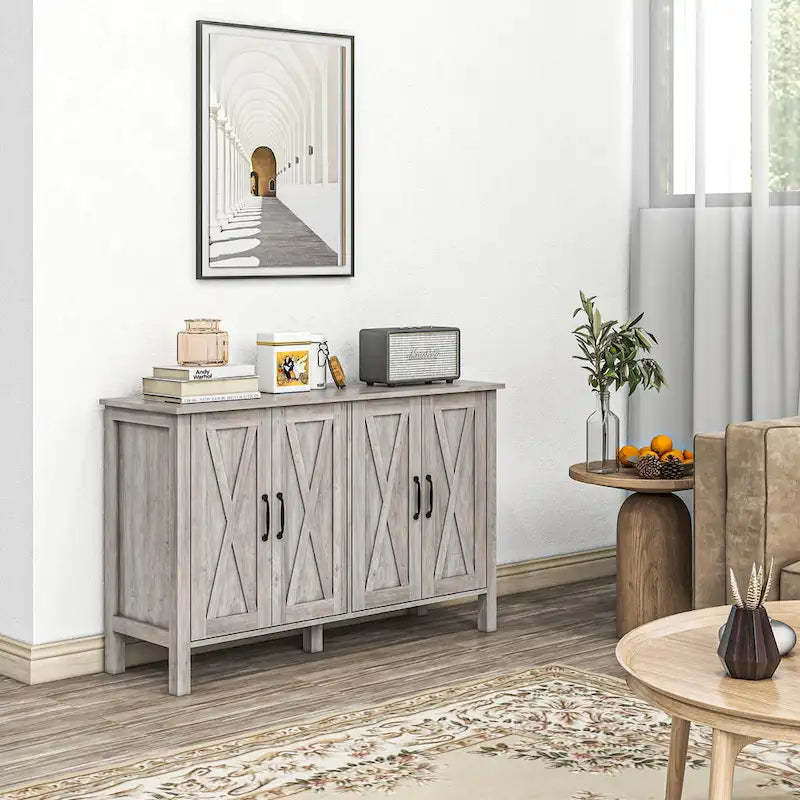 HOMCOM Buffet Cabinet, 47 Sideboard with 4 Barn Doors and 2 Adjustable Shelves, Farmhouse Coffee Bar Cabinet