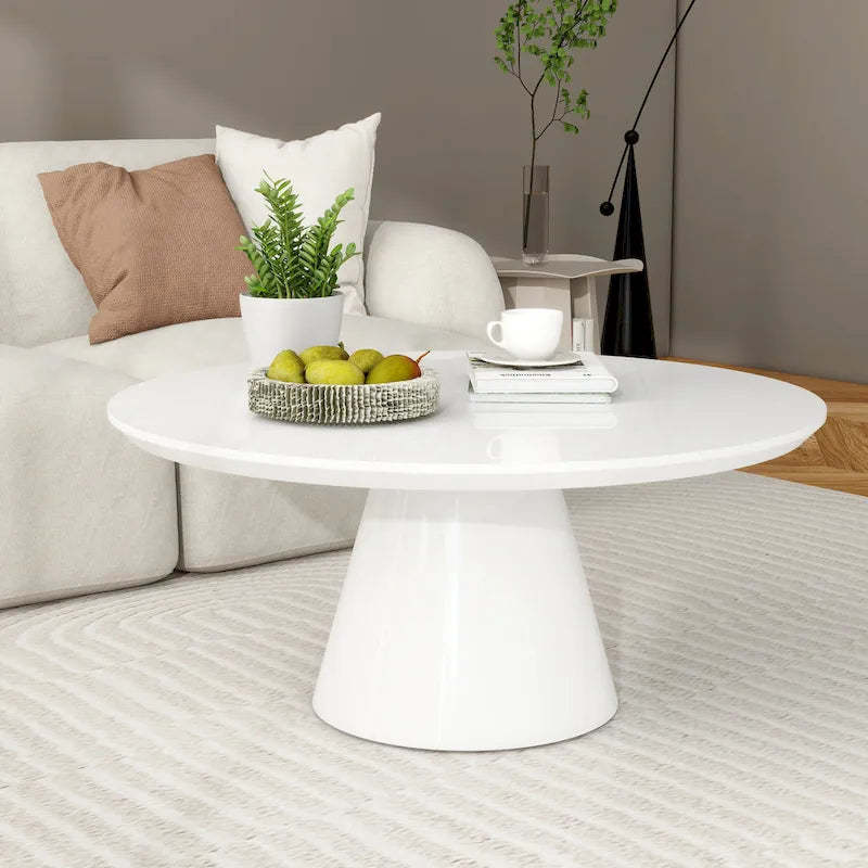 SHYFOY Modern Cone Coffee Table for Living Room, High Gloss Finish, 35.4in Diameter, Black or White