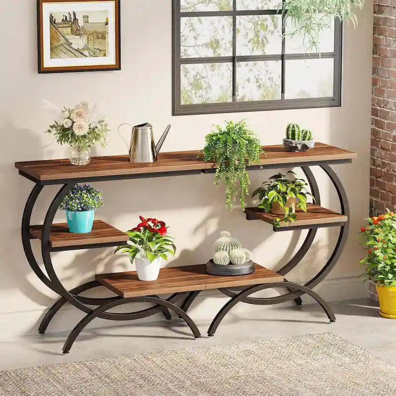 C-Shaped End Table, Industrial 3-Tier Side Table, Wood Bedside Table