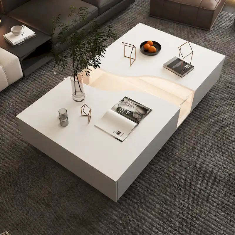 Storage Masterpiece Contemporary White Coffee Table Colorful LED Edge - 55.1W