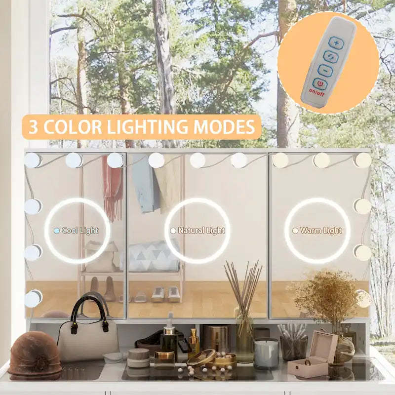 Makeup Vanity w/Tri-Fold Mirror Certified Lighting Glass Top Dresser