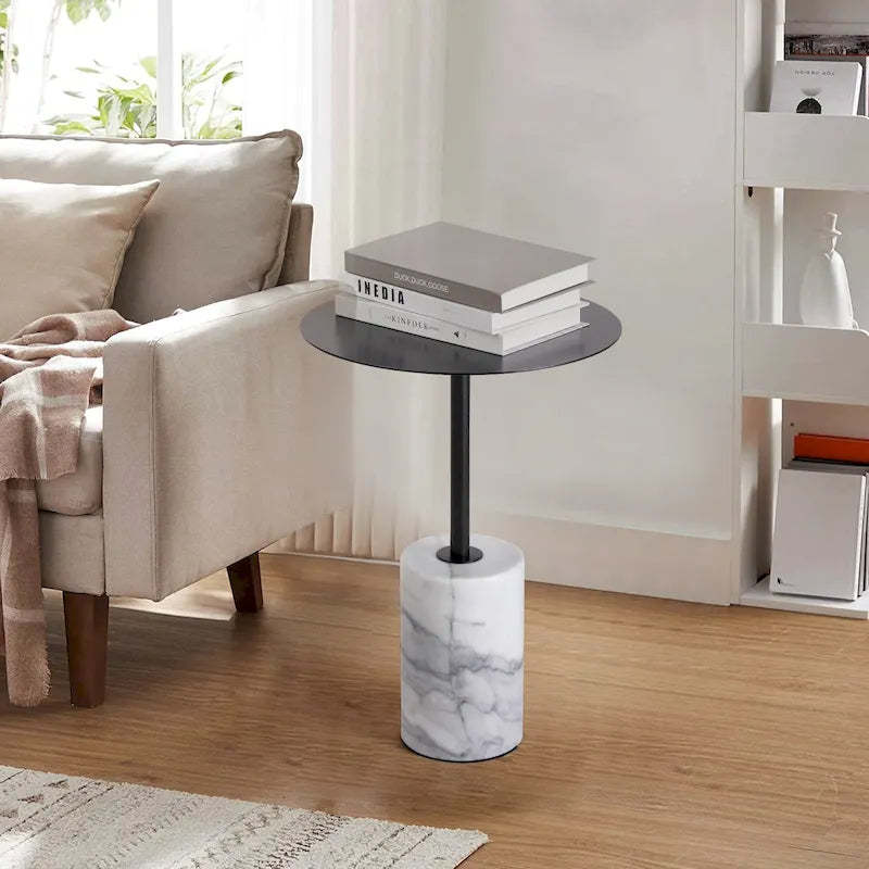 Round End Table with Marble Base, Circular Accent Living Room or Bedside Side Table