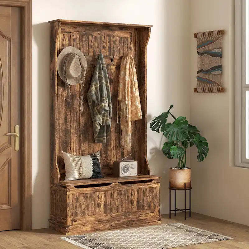 HOMCOM 38 3-In-1 Entryway Hall Tree with Storage Bench, Coat Rack with Four Hooks and Shoe Storage, Black