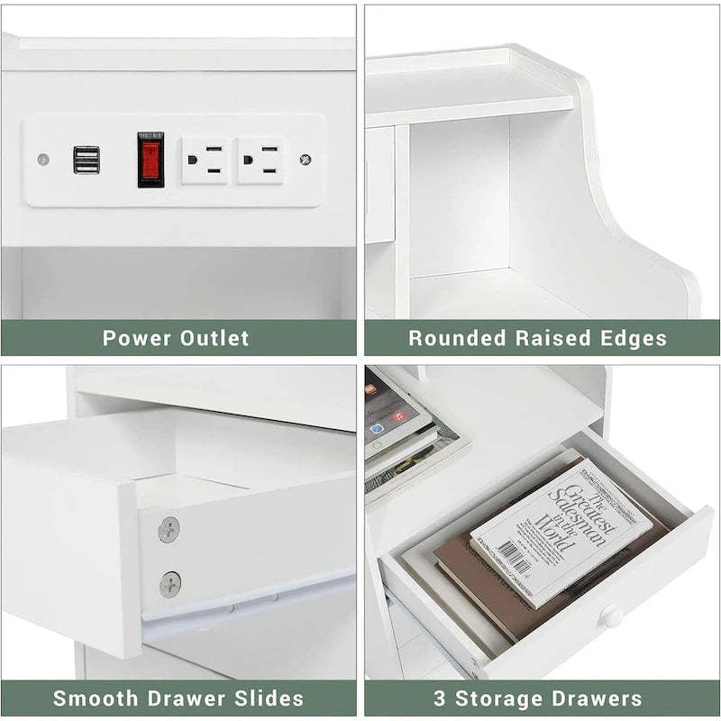 Nightstand 3 Drawers Charging Station End Side Table Bedroom