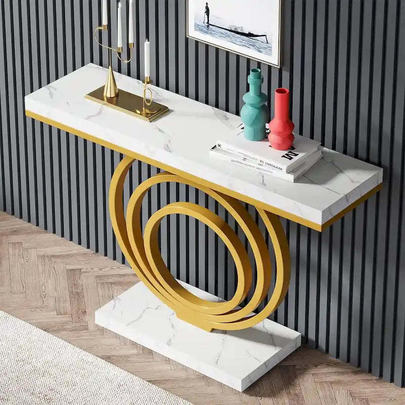 41-Inch Gold Entryway Table, Modern Console Table Accent Table for Living Room, Hallway, Entrance, Faux Marble Veener Top