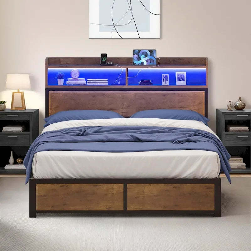 Moasis King Industry Bed Frame Storage Shelves Metal Platform Bed Frame