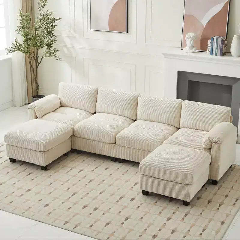 Hyleory 115 Corduroy Modular Sectional Sofa with two ottomans, U Shaped Couch,4 Seater Corner Sofa for Living Room, Office, Spacious Space