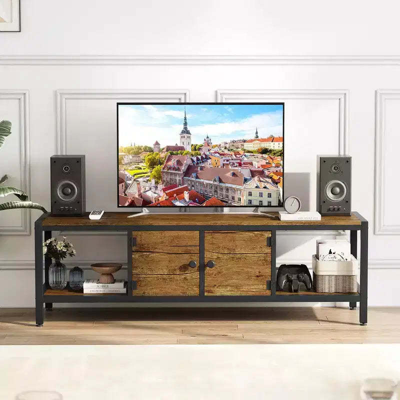 WhizMax 58 Inch TV Stand with Storage, up to 65 Inch TV,Wooden TV Stand for Living Room,Two Closed Storage Spaces and Open Shelves,Rustic Brown