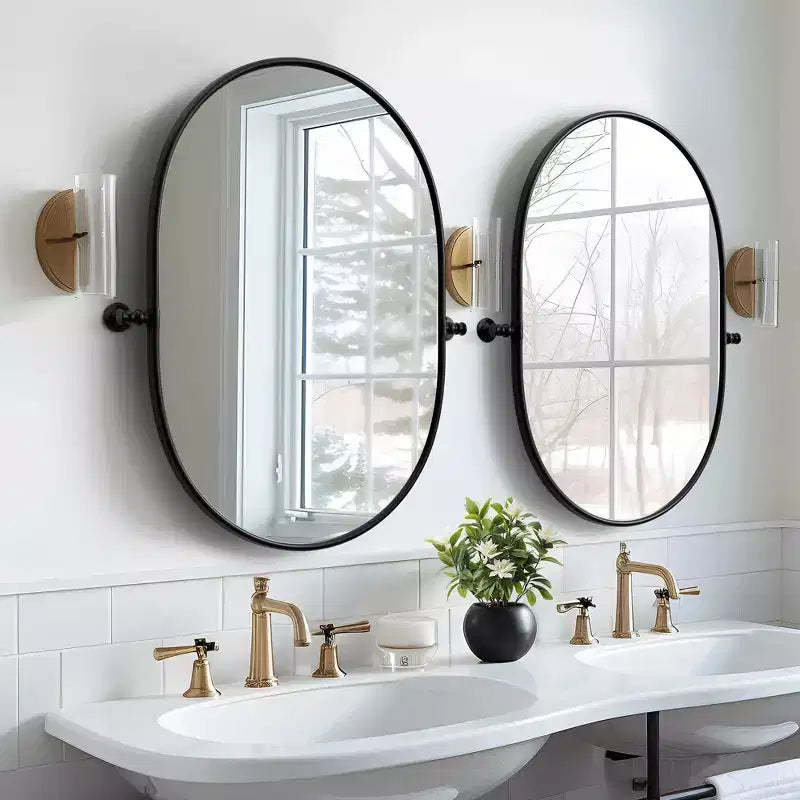 PexFix Oval Metal Framed Pivoted Bathroom Wall Vanity Mirror in Black Set of 2