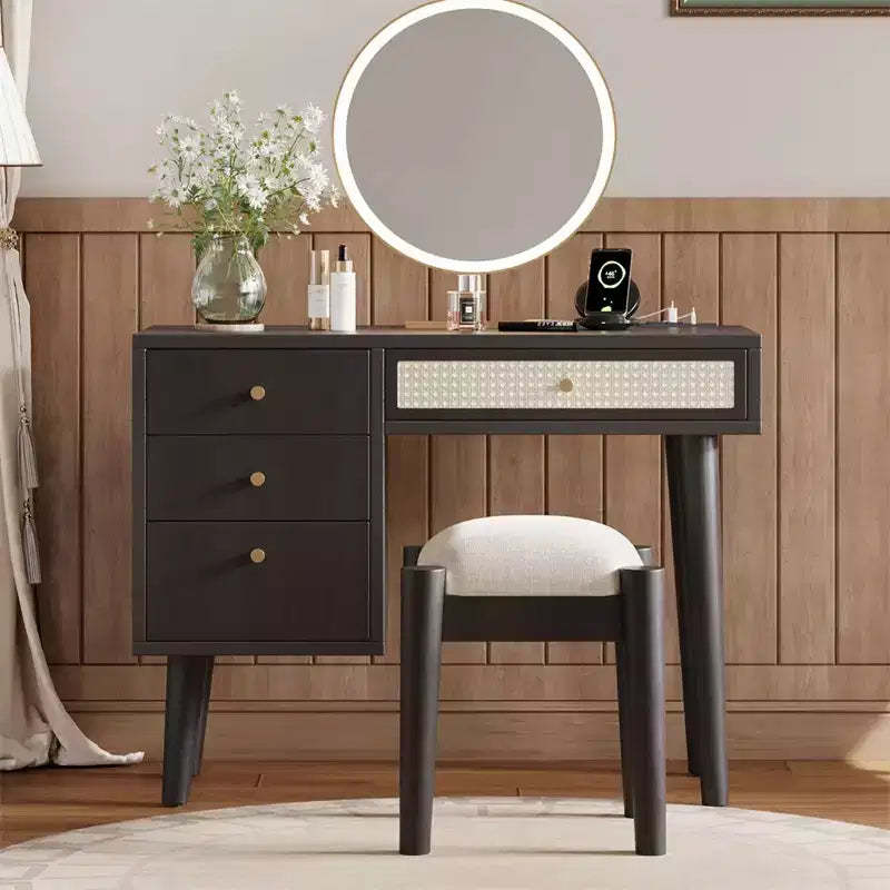 39 Wooden Makeup Vanity Set with Charging Plug &USB Port and Stool, Dressing Table with 3 Storage Drawers and 1 Rectangular Rattan Drawer