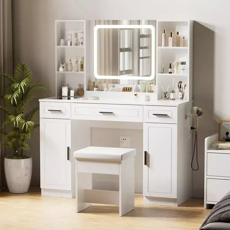 Hommpa Makeup Desk Vanity with Charging Station and Storage Shelves White Two Cabinet