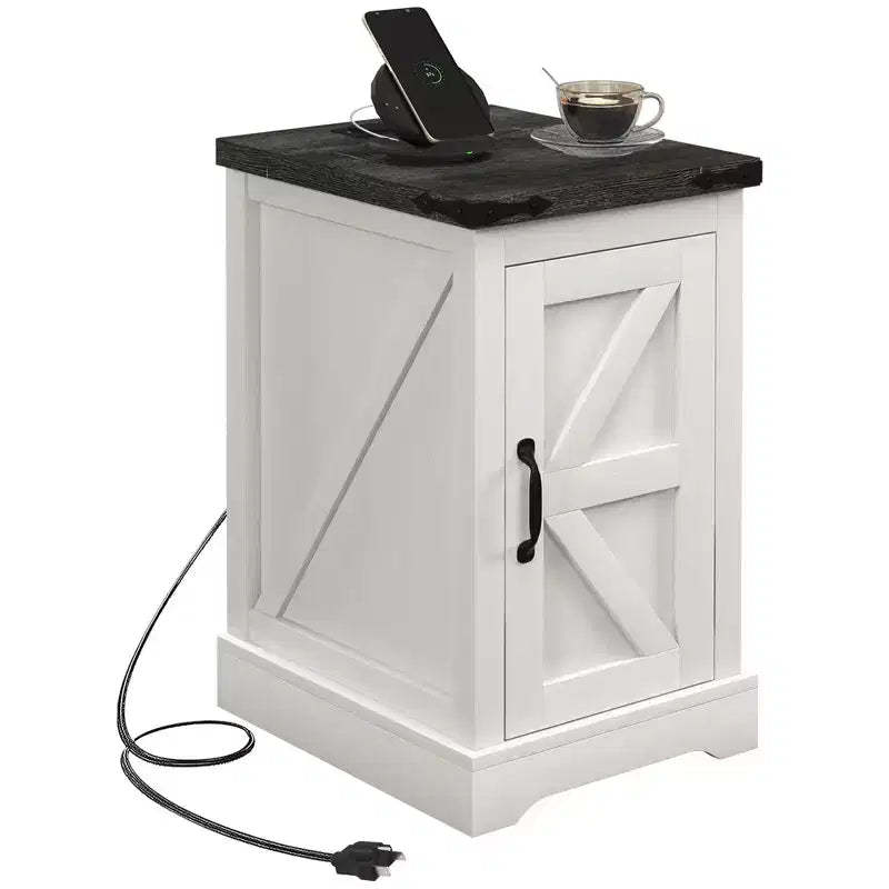 HOMCOM End Table with Charging Station and USB Ports, Farmhouse Side Table with Storage Cabinet for Living Room, Distressed White