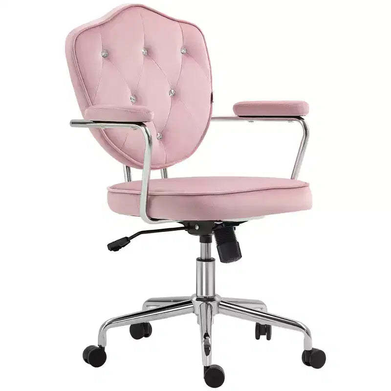 HOMCOM Cute Office Chair, Velvet-feel Fabric Computer Vanity Chair with Button Tufted, Swivel Desk Chair