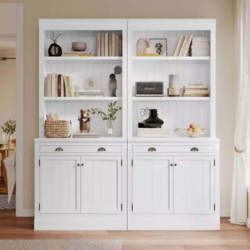83.4 Tall Storage Bookcase With Open Shelves, 2-Piece Set Freestanding Bookshelf With 2 Doors And 1 Drawer For Home Office Bedroom Living Room