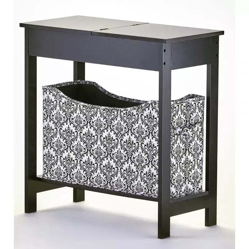 The Lakeside Collection Side Table with Fashion Print Storage Bin - Wood with Fabric Basket