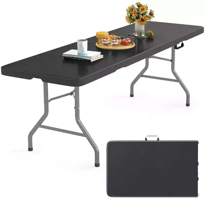 8 Foot Portable Folding Table HDPE Plastic Indoor Outdoor Fold-in-Half Black Seats 10 to 12