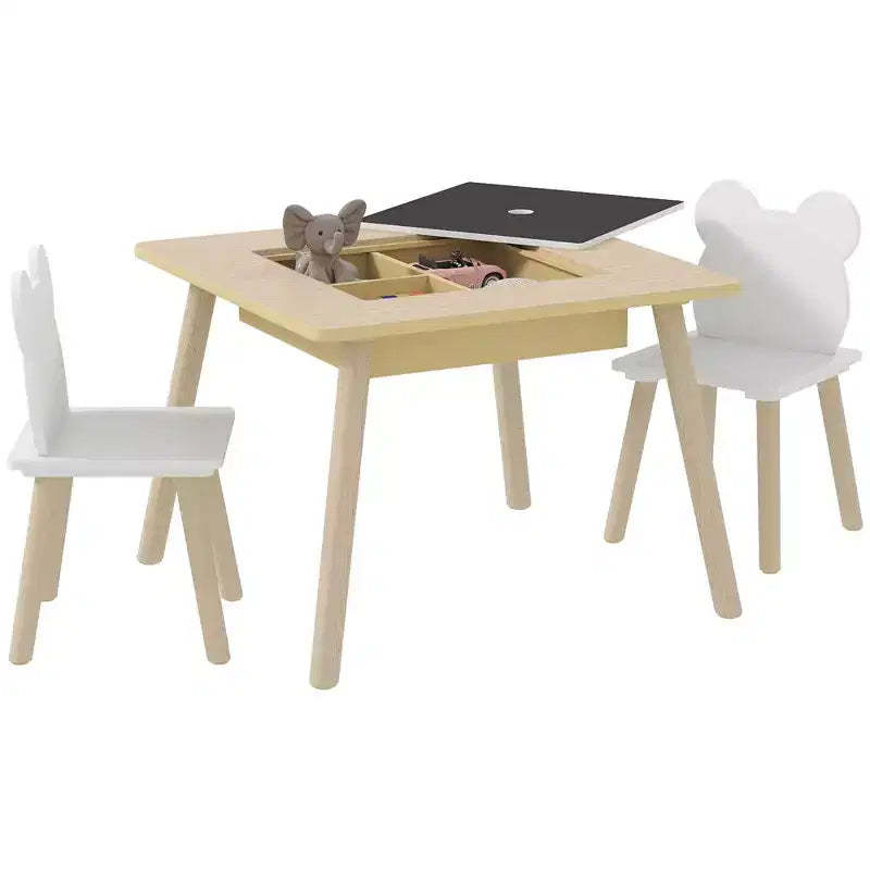 Qaba 3 Piece Kids Table and Chair Set, 3 in 1 Toddler Table and Chair Set with Convertible Desk & Storage for Nursery, Classroom, Playroom