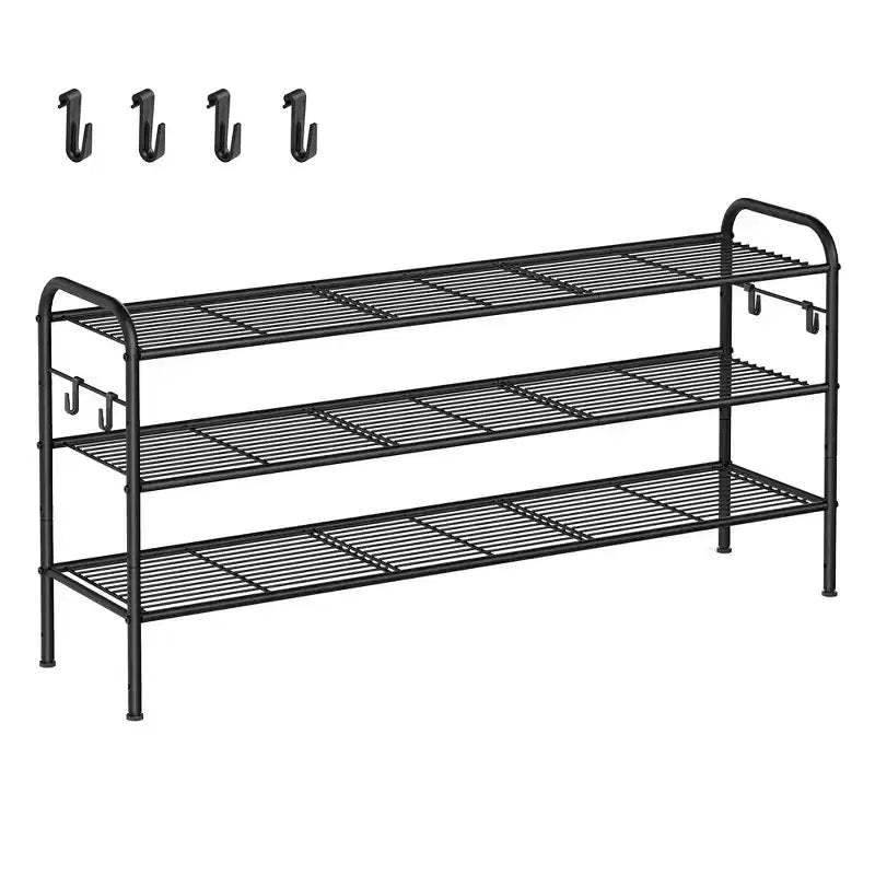 SONGMICS Shoe Rack, 3-Tier Shoe Organizer, Metal Shoe Shelf Storage with 4 Side Hooks, Holds 18 Pairs of Shoes, Height-Adjustable Shoe Rack, Ink Black