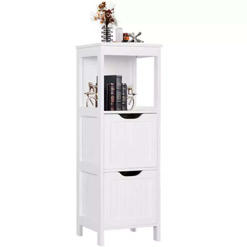 Wooden Bathroom Floor Cabinet Freestanding Storage Organizer with Adjustable Shelves and Drawers White