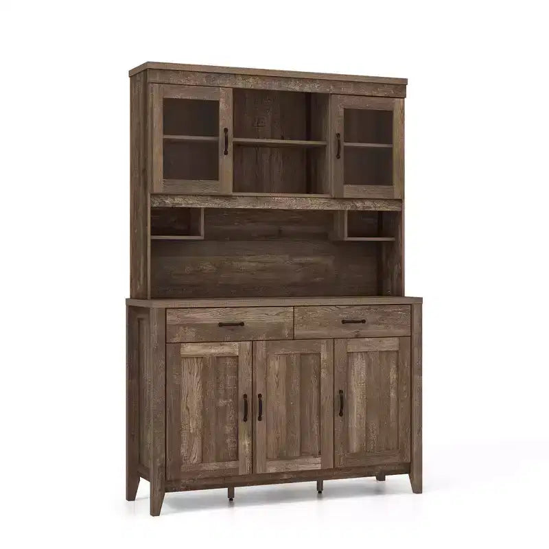 Costway Kitchen Pantry Cabinet with Microwave Countertop Double Glass Doors 2 Drawers