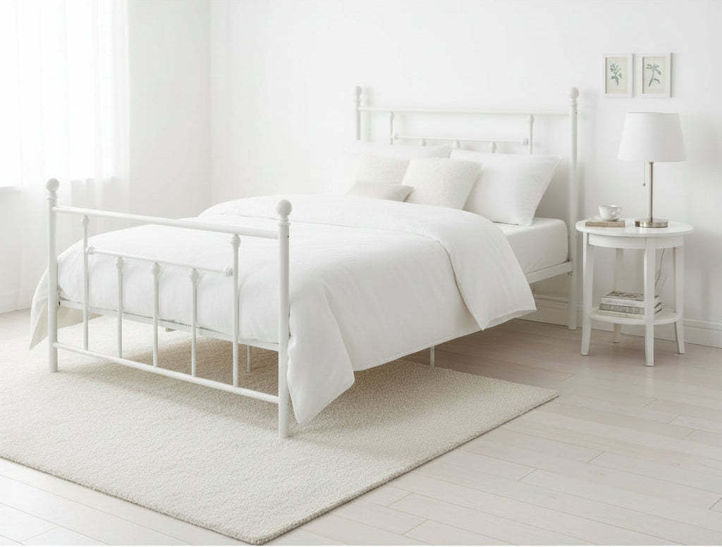Full size White Metal Platform Bed Frame with Headboard and Footboard