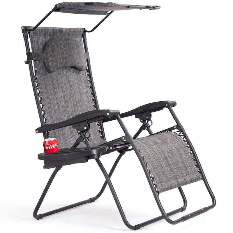 Folding Recliner Lounge Chair w/ Shade Canopy Cup Holder - Gray