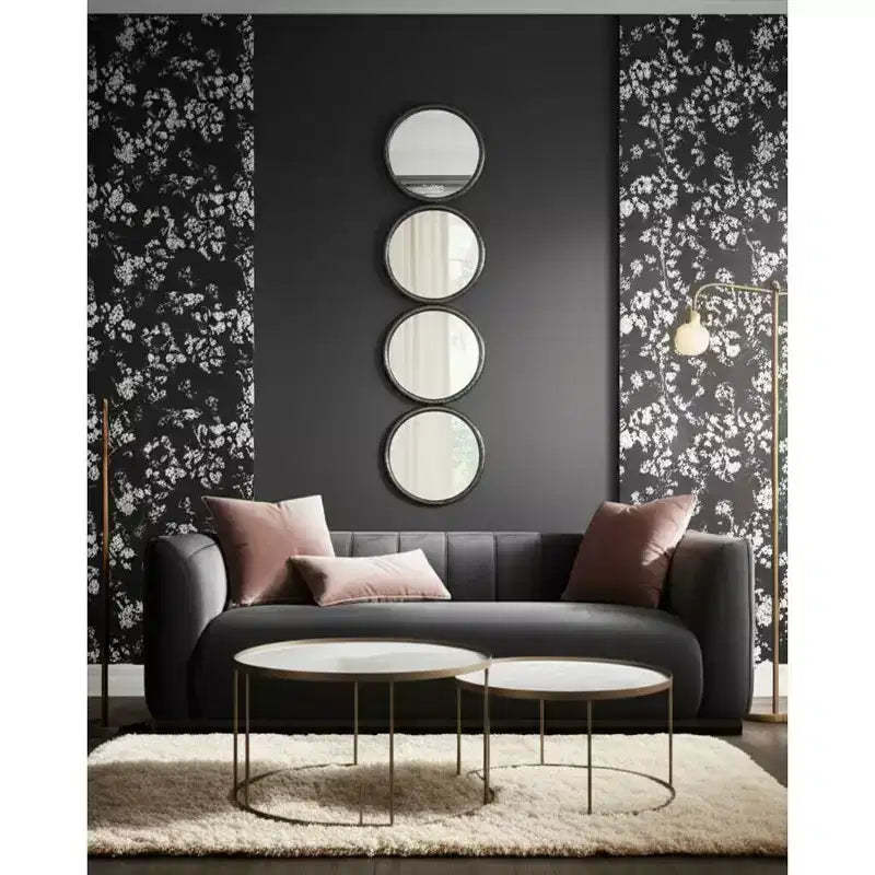 Modern Wall Mirror, Accent Mirror with Round Glass Panels, Wood & Metal Frame, Decorative Home & Office Decor for Living Room & Bedroom, 48 Black