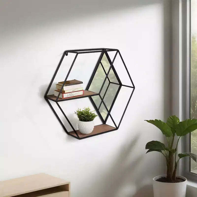 Sagebrook Home 20 Hexagon Mirror Wall Shelf - Contemporary Metal and Wood Black Rustic Mounted Wall Shelf for Home or Office Decor