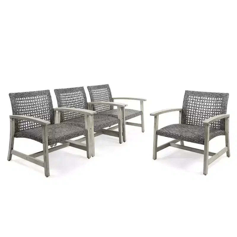 GDFStudio Savannah Outdoor Acacia Wood and Wicker Club Chairs (Set of 4), Gray/Mixed Black