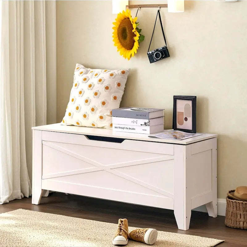 VECELO Storage Bench, Wooden Chest for Storage with Wicker Mat Safety Hinges,Entryway Shoe Bench Storage Trunk Industrial Style