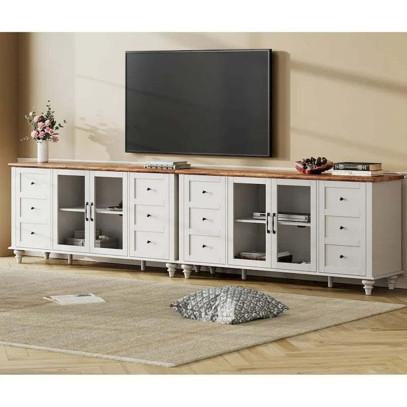 WAMPAT Farmhouse Glass Door TV Stand for up to 110 TVs, Modern Entertainment Center with Storage