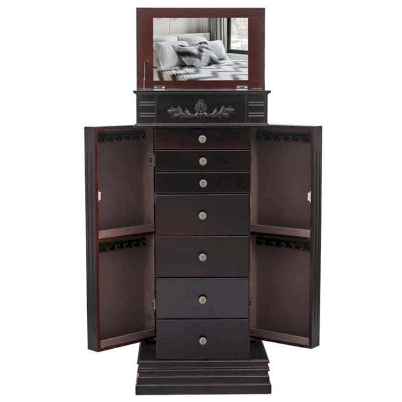 Stylish Jewelry Armoire with Mirror and Necklace Hooks - 18.5 x 12 x 42