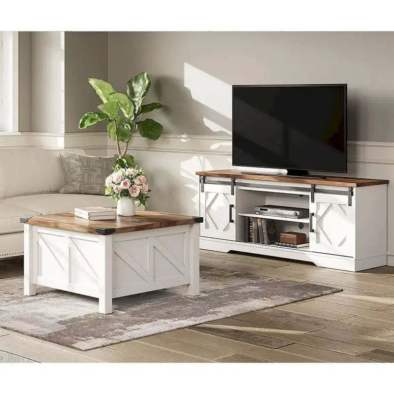 WAMPAT Farmhouse Sliding Barn Door TV Stand and Coffee Table Set of 2