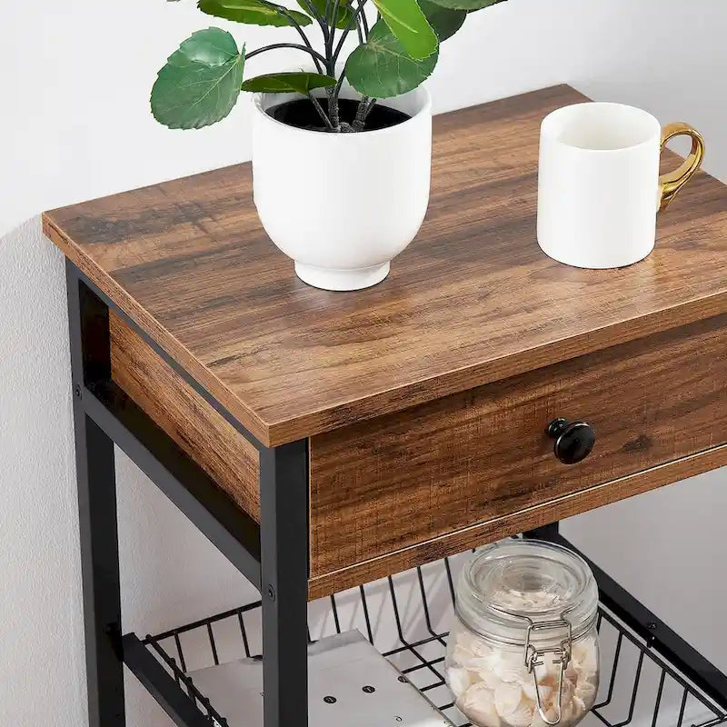 1-Drawer Mid-Century Tall Nightstands with Removable Basket and Low Shelf