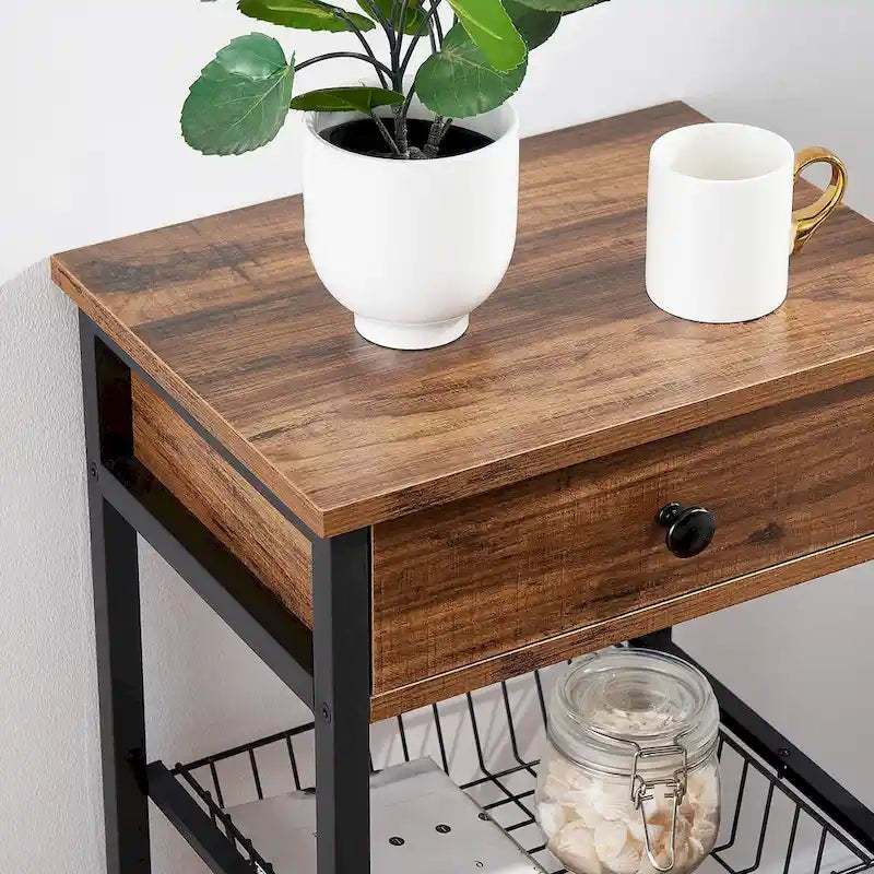 1-Drawer Mid-Century Tall Nightstands with Removable Basket and Low Shelf