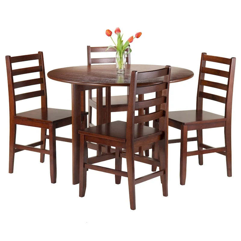 5-Pc Round Drop Leaf Table with Ladder-back Chairs, Walnut