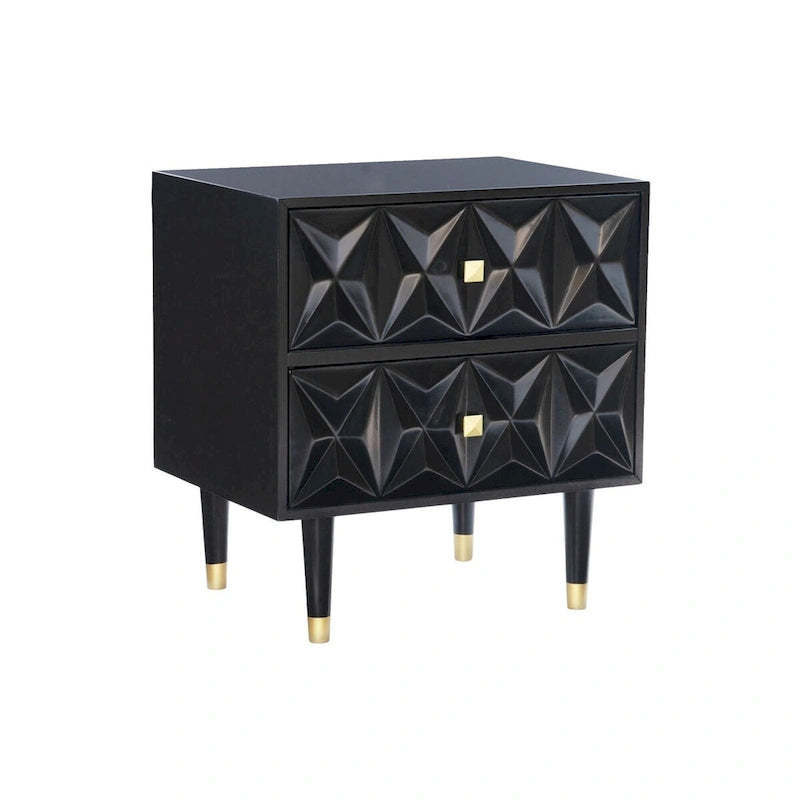 27 Black Geometric Patterned Two Drawer Nightstand