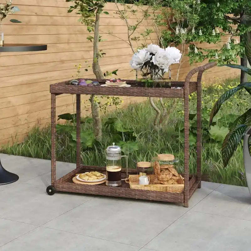 vidaXL Outdoor Bar Cart 2-Tier Serving Cart Rolling Utility Cart PE Rattan - 39.4 x 17.7 x 32.7