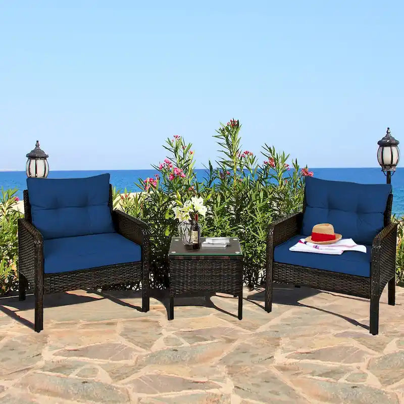 Gymax 3PCS Rattan Patio Conversation Furniture Set Yard Outdoor w/