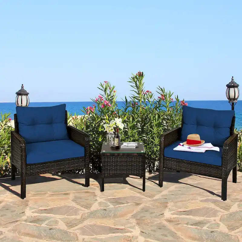 Gymax 3PCS Rattan Patio Conversation Furniture Set Yard Outdoor w/