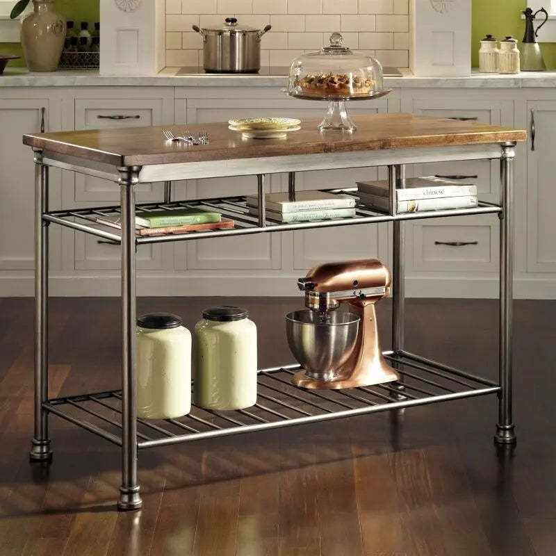 Classic French Style Hardwood Butcher Block Top Metal Kitchen Utility Table - 52W x 25D x 36H in.