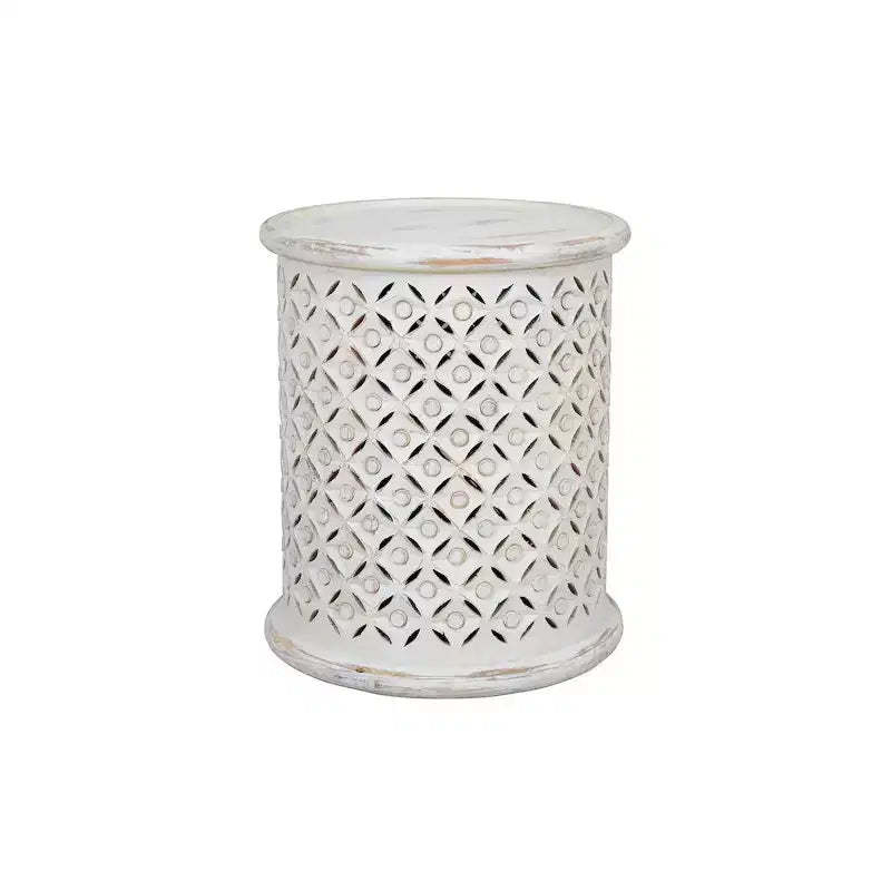 Jofran, Decker Small Distressed Hardwood Global Drum End Table, White