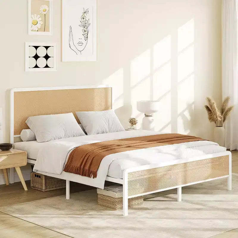 Whizmax Rattan Bed Frame with Led Light Headboard, Bohemian Style Cane Boho Bed Frames with Heavy Duty Steel Slat Support, No Box Spring Needed, White
