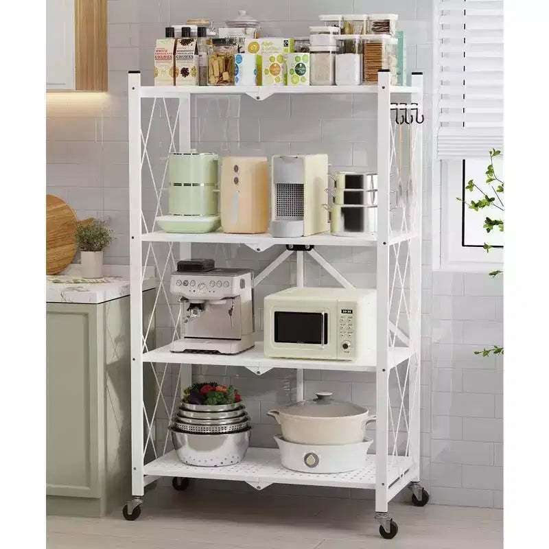 4-Tier Foldable Metal Storage Shelf with Side Hooks Heavy Duty Kitchen Organizer Rack White
