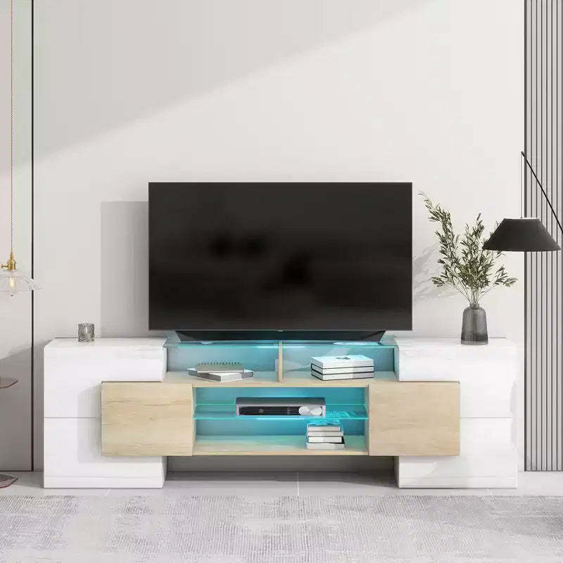 80 Modern TV Stand, Entertainment Center With 2 Illuminated Glass Shelves TV Cabinet For Living Room