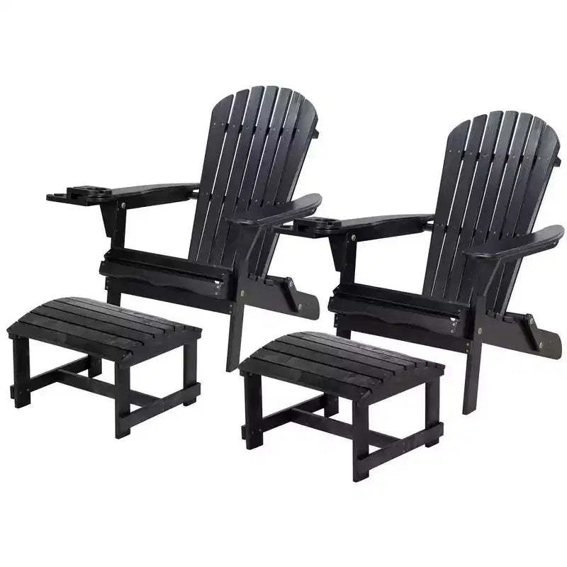 Jiallo Foldable Adirondack Chair with cup holder Conversation Set, 2 Foldable Adirondack Chairs with cup holders with Ottoman