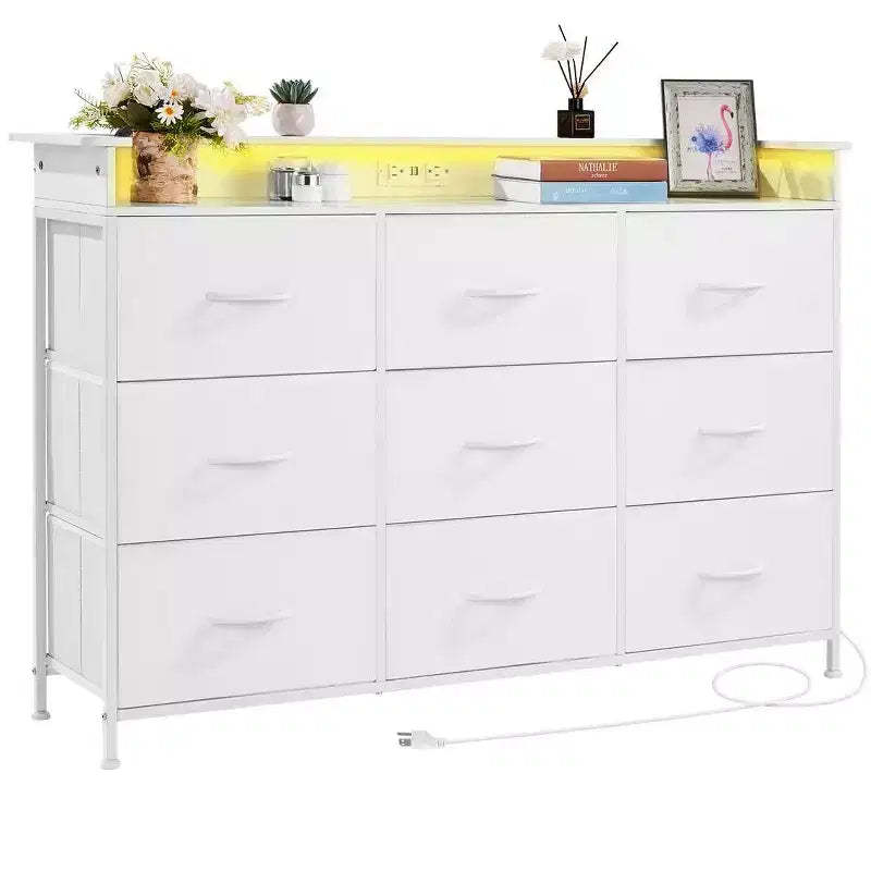 9-Drawer Fabric Dresser with LED Lights Built-In Outlet Metal Frame Tall Storage Tower White